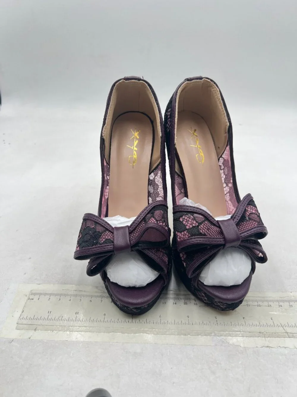 XYD Purple Lace Bows Peep Toe Pumps Platform Stilettos High Heel Slip On Shoes
